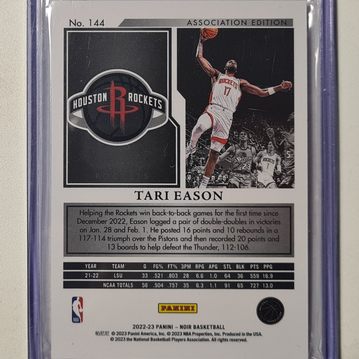 Tari Eason 2022-23 Panini Recon Noir Rookie RC Numbered 60/99 #144 NBA Basketball Houston Rockets Excellent