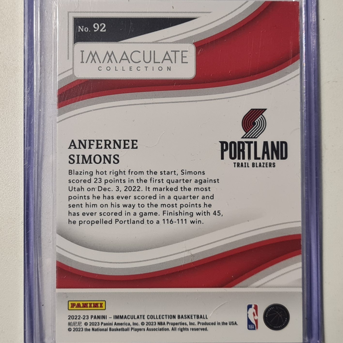 Anfernee Simons 2022-23 Panini Immaculate numbered 60/99 NBA Basketball Portland Trail Blazers excellent