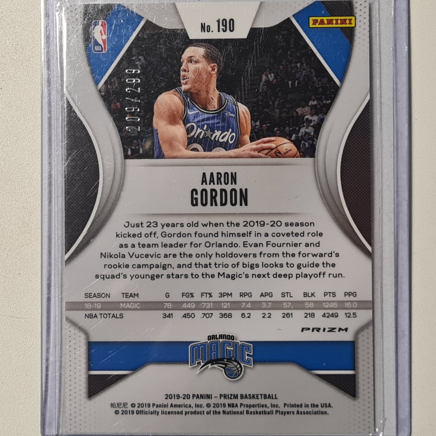 Aaron Gordon 2019-20 Panini Prizm red blue refractor numbered 209/299 #190 NBA Basketball Orlando Magic Excellent