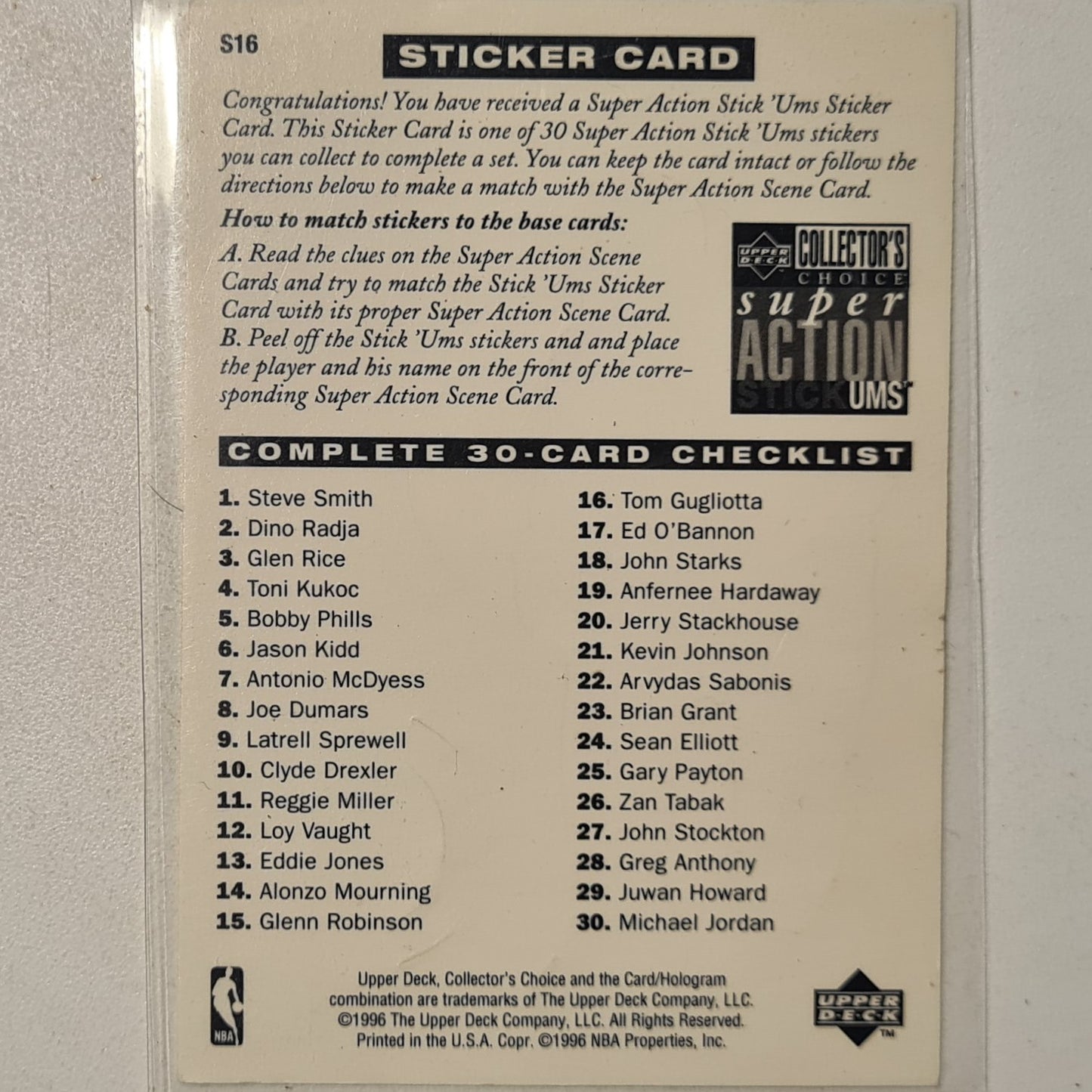 Tom Gugliotta 1996 Upper-Deck super action Stick-ums S16 NBA Basketball Minnesota Timberwolves good +