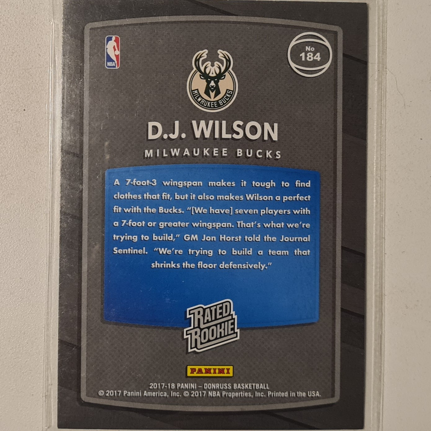 D.J. Wilson 2017-18 Panini Donruss Rated  Rookie RC #184 NBA Basketball Milwaukee Bucks excellent