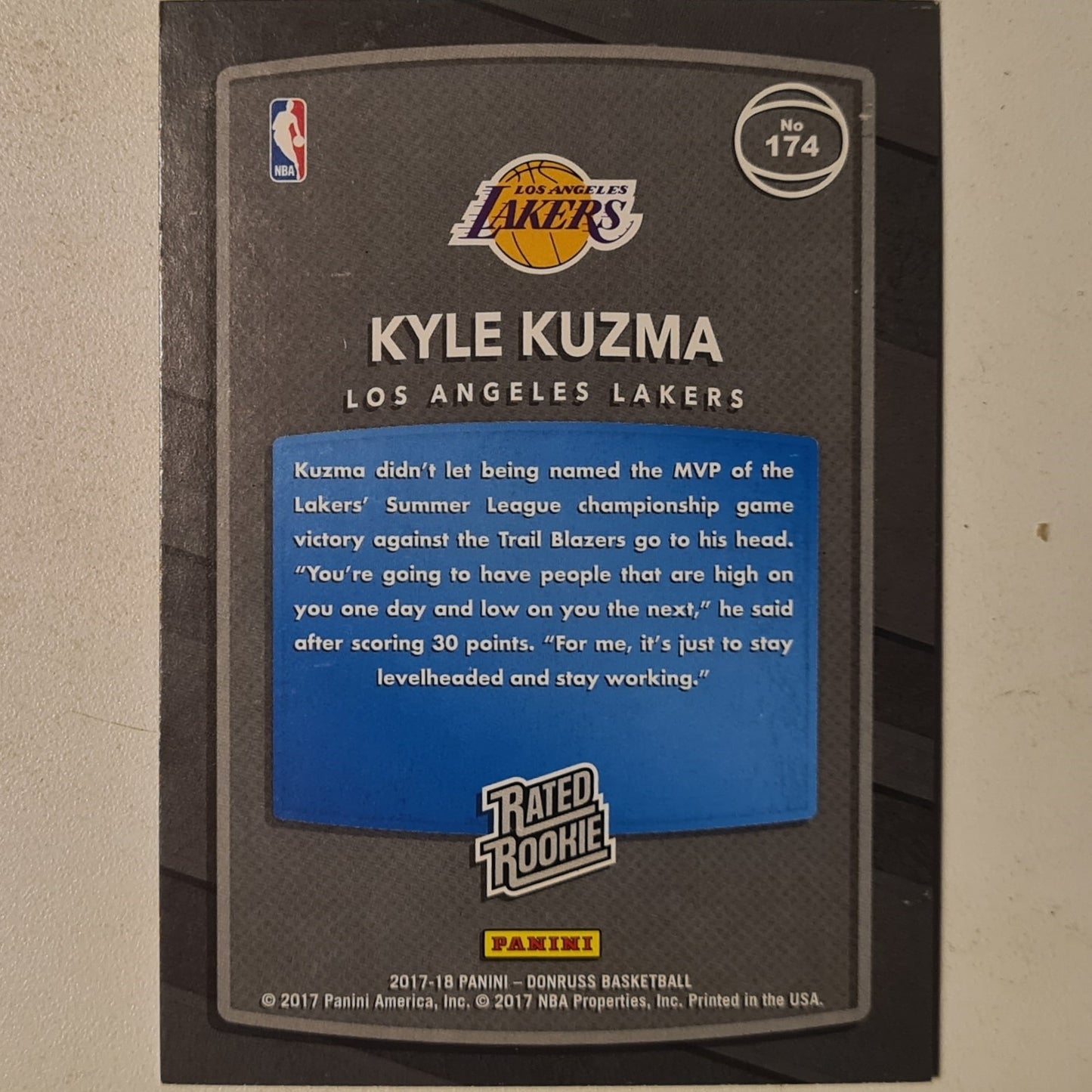 Kyle Kuzma 2017-18 Panini Donruss Rated  Rookie RC #174 NBA Basketball LA Lakers very good