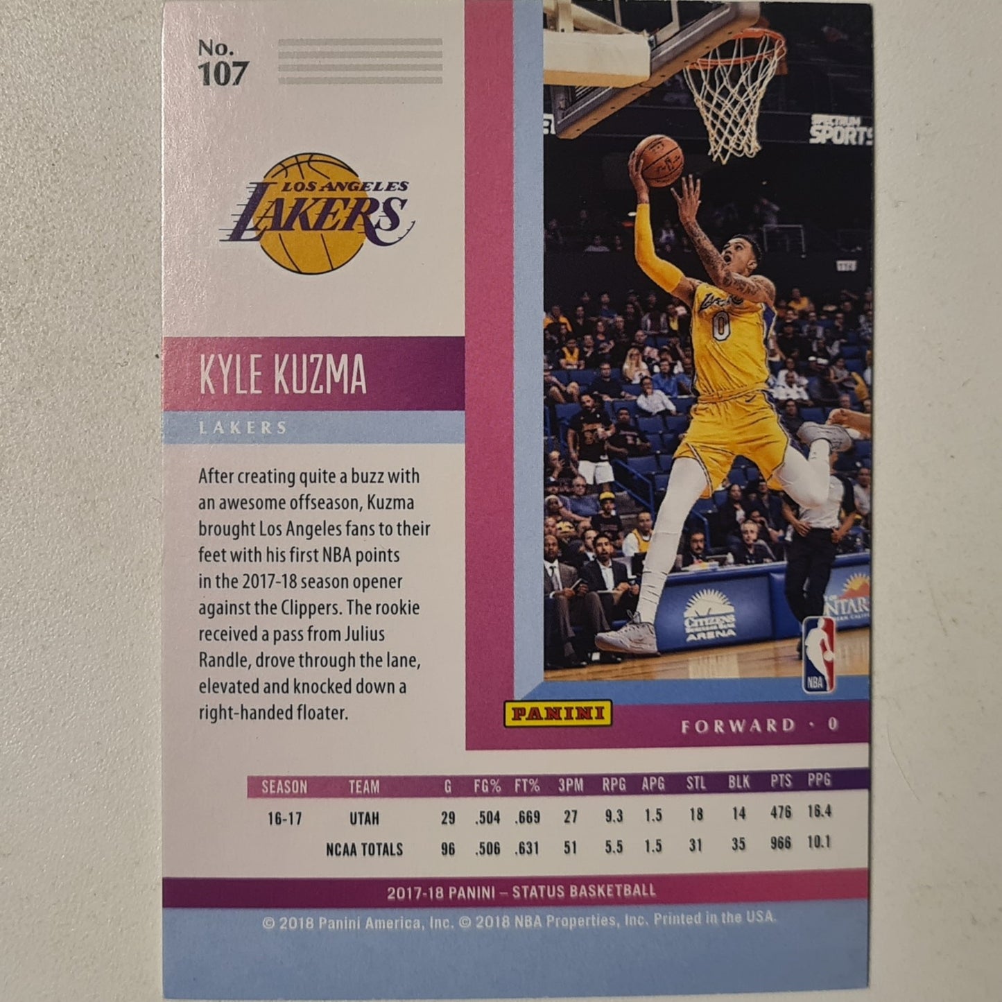 Kyle Kuzma 2017-18 Panini Status Rookie RC #107 NBA Basketball LA Lakers very good/excellent