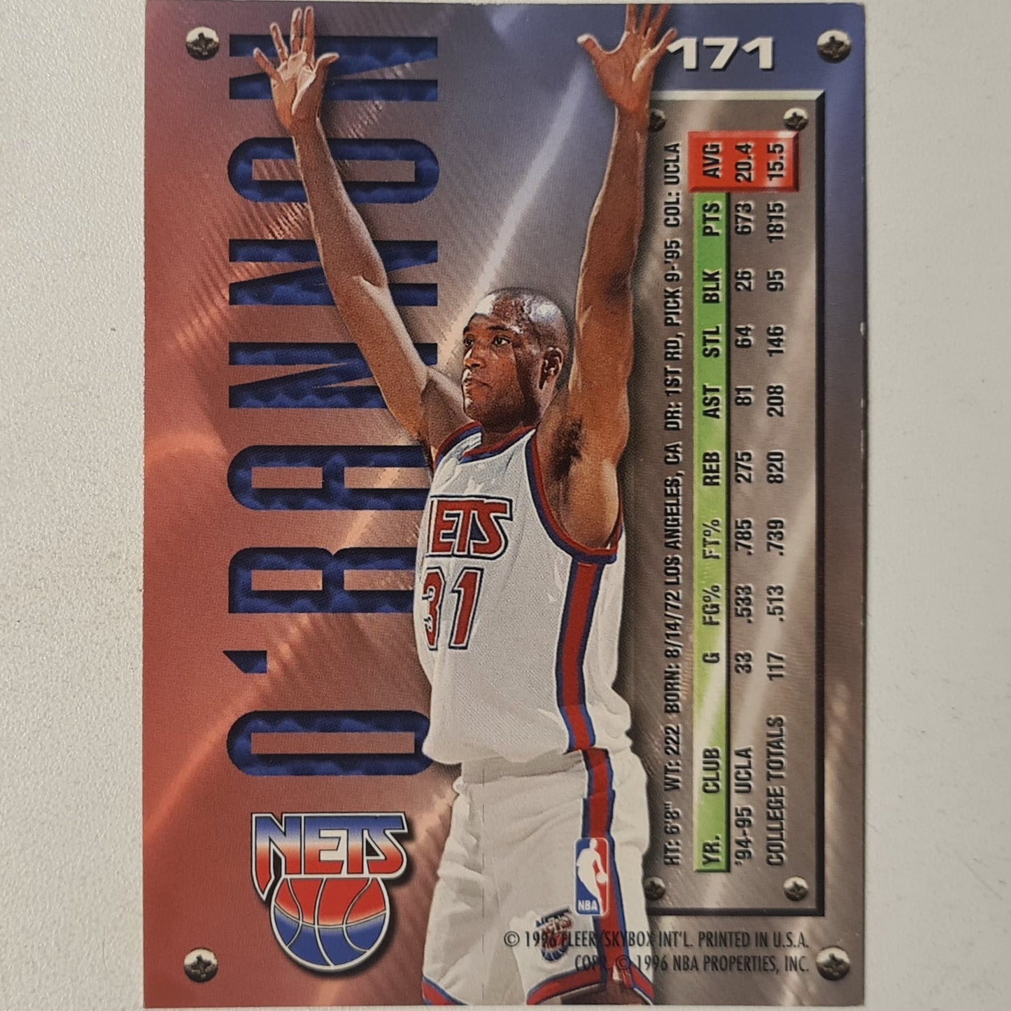 Ed O'Bannon 1996 Fleer Metal 95-96 Rookie RC #171 NBA Basketball New Jersey Nets very good