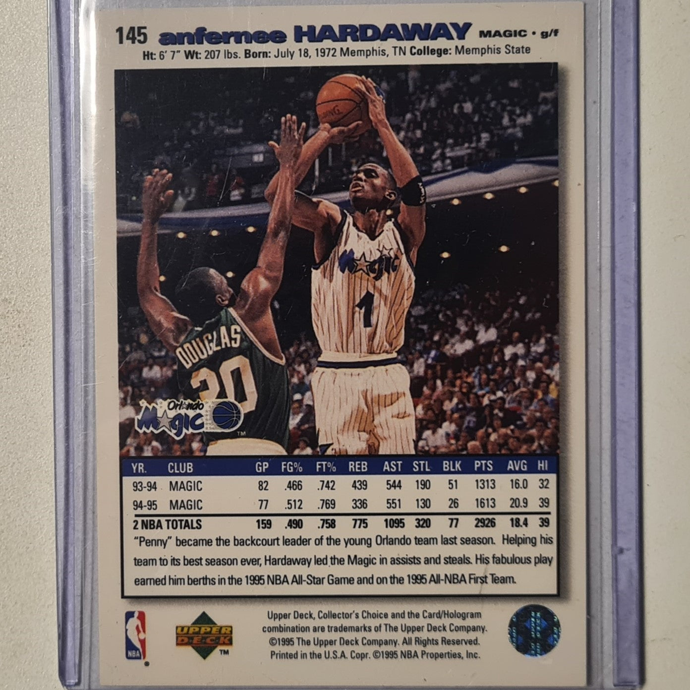 Anfernee Hardaway 1995 Upper-Deck #145 NBA Basketball Orlando Magic excellent