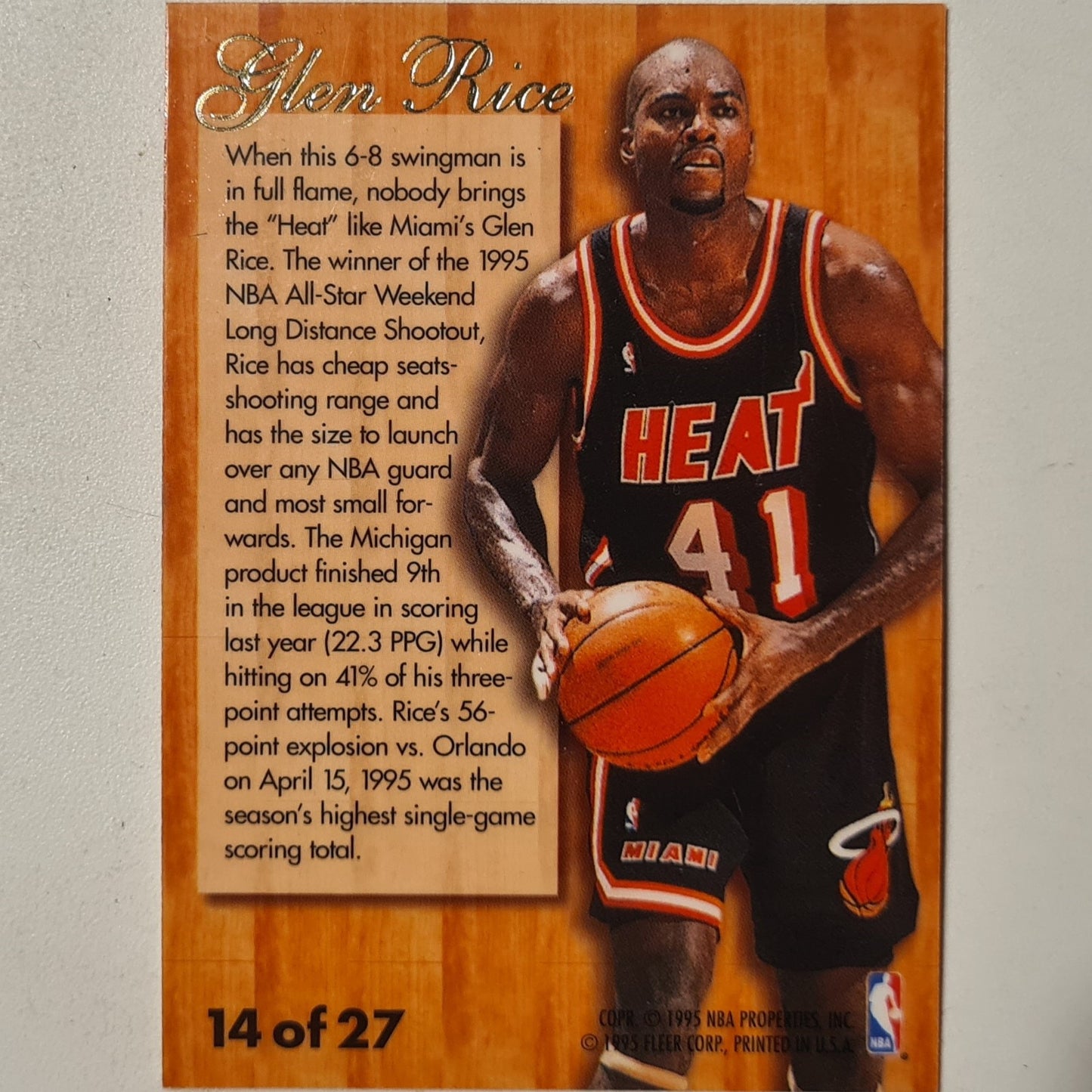 Glen Rice 1995 Fleer Flair 95-96 Hardwood Leader 14 OF 27 NBA Basketball Miami Heat Good Sleeved