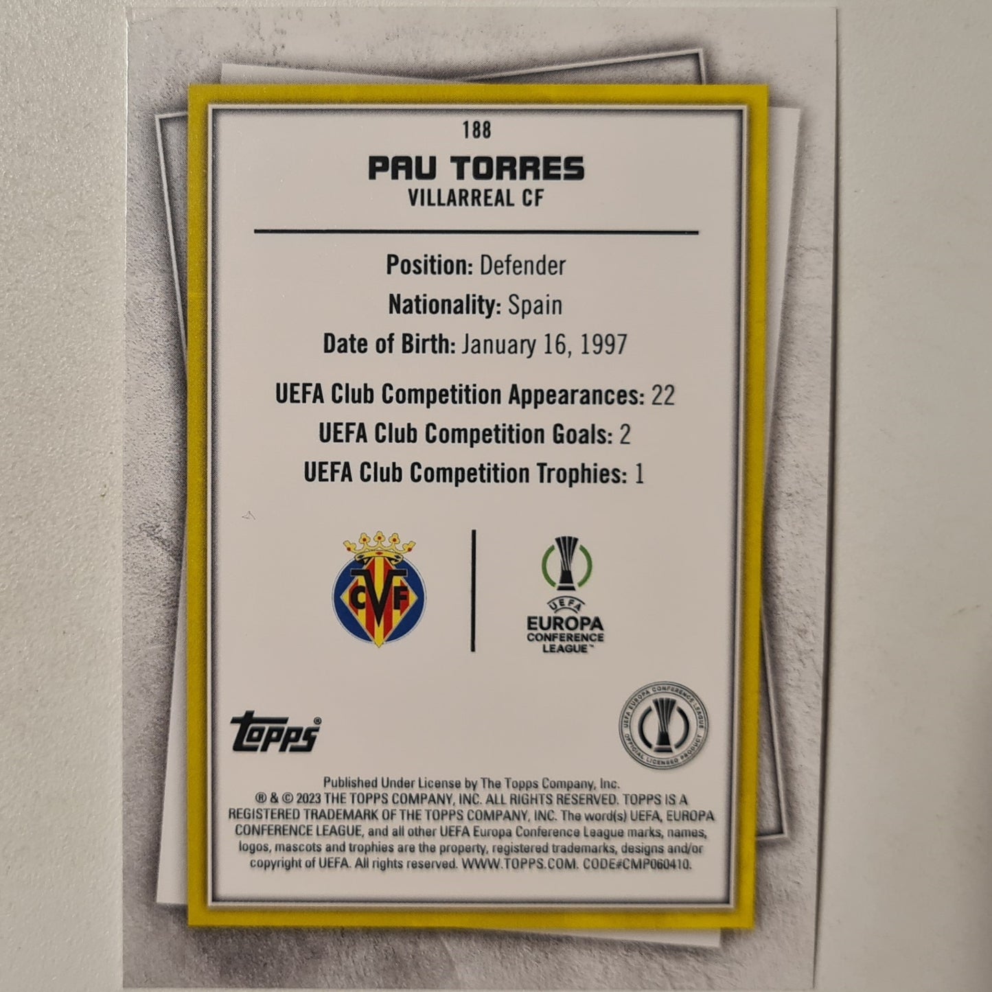 Pau Torres 2023 Topps Soccer Superstars #188 Soccer Football Villarreal excellent + Sleeved