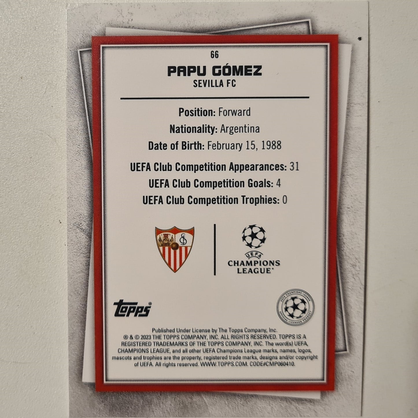 Papu Gomez 2023 Topps Soccer Superstars #66 Soccer Football Sevilla excellent + Sleeved