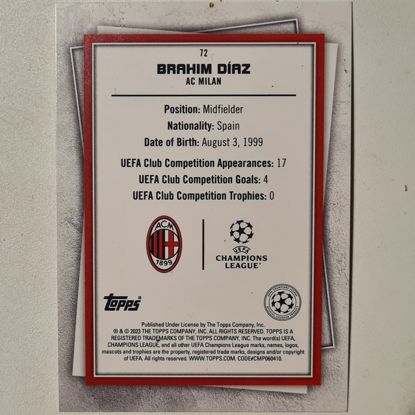 Brahim Diaz 2023 Topps Soccer Superstars #72 Soccer Football AC Milan excellent + Sleeved