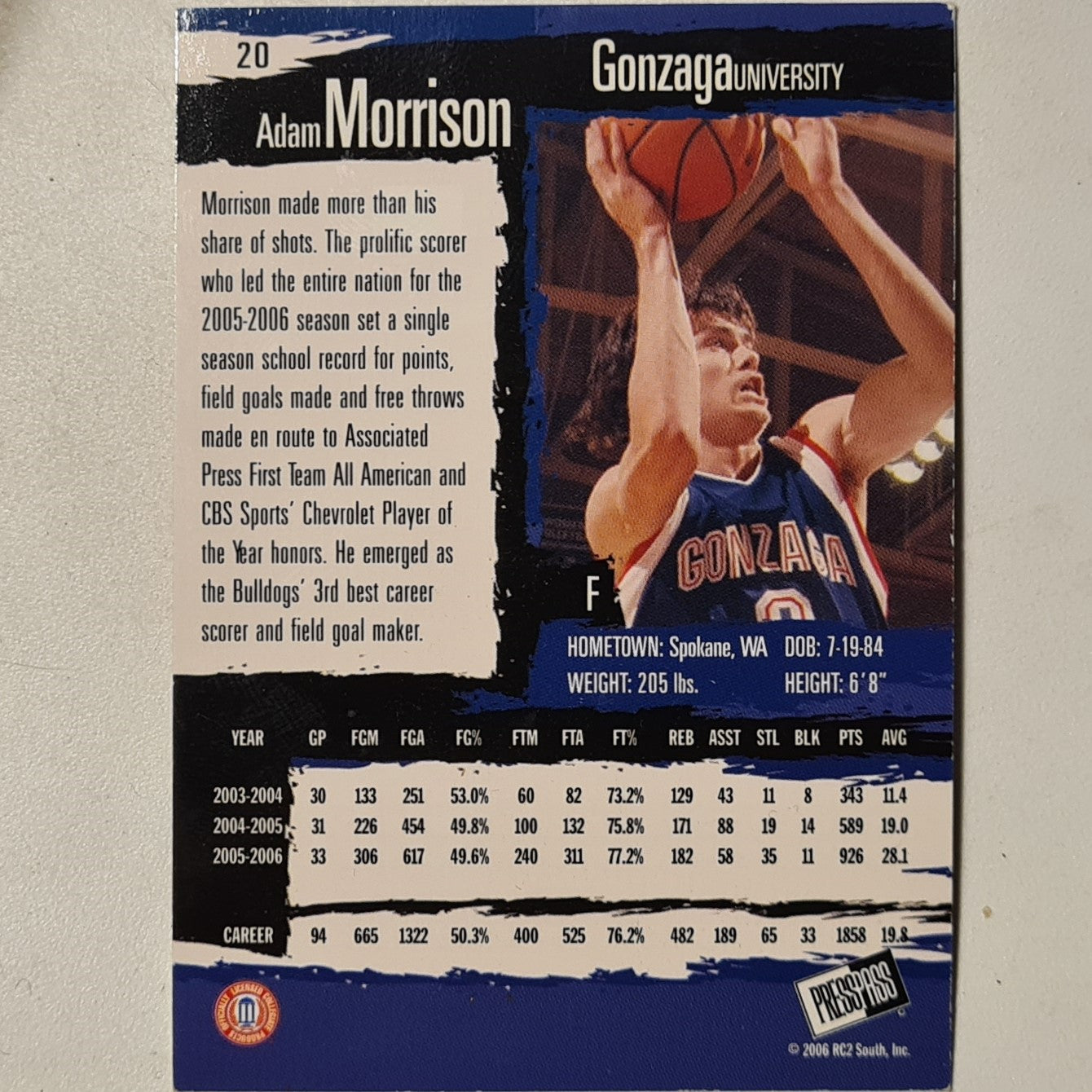 Adam Morrison 2006 Press pass #20 Basketball Gonzaga fair/good sleeved