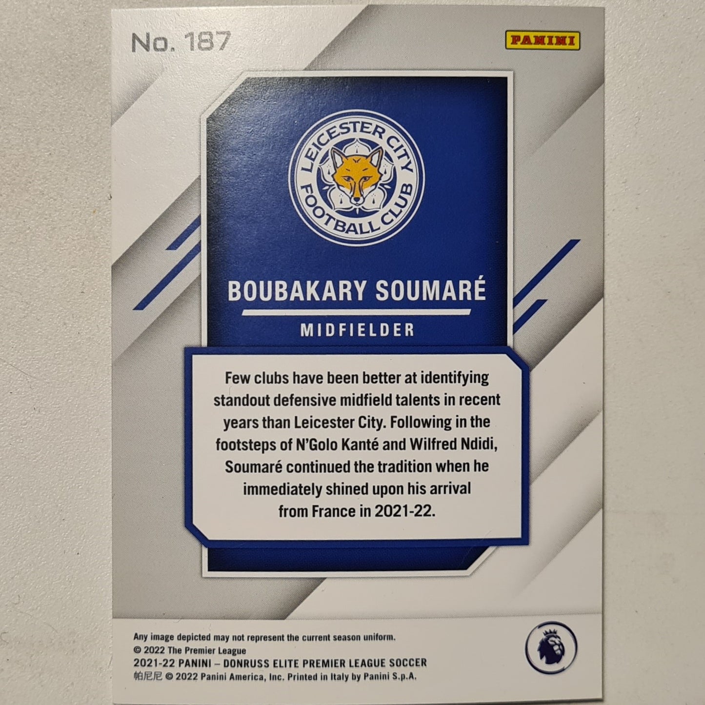 Boubakary Soumare 2021-22 Panini Donruss Elite Rookie RC #187 Soccer Football Leicester City Excellent/mint Sleeved