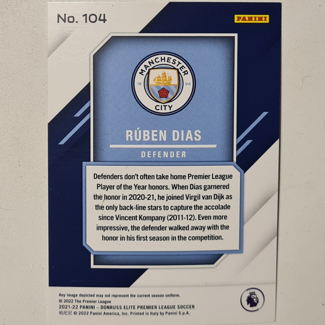 Ruben Dias 2021-22 Panini Donruss Elite #104 Soccer Football Manchester City Excellent/mint Sleeved