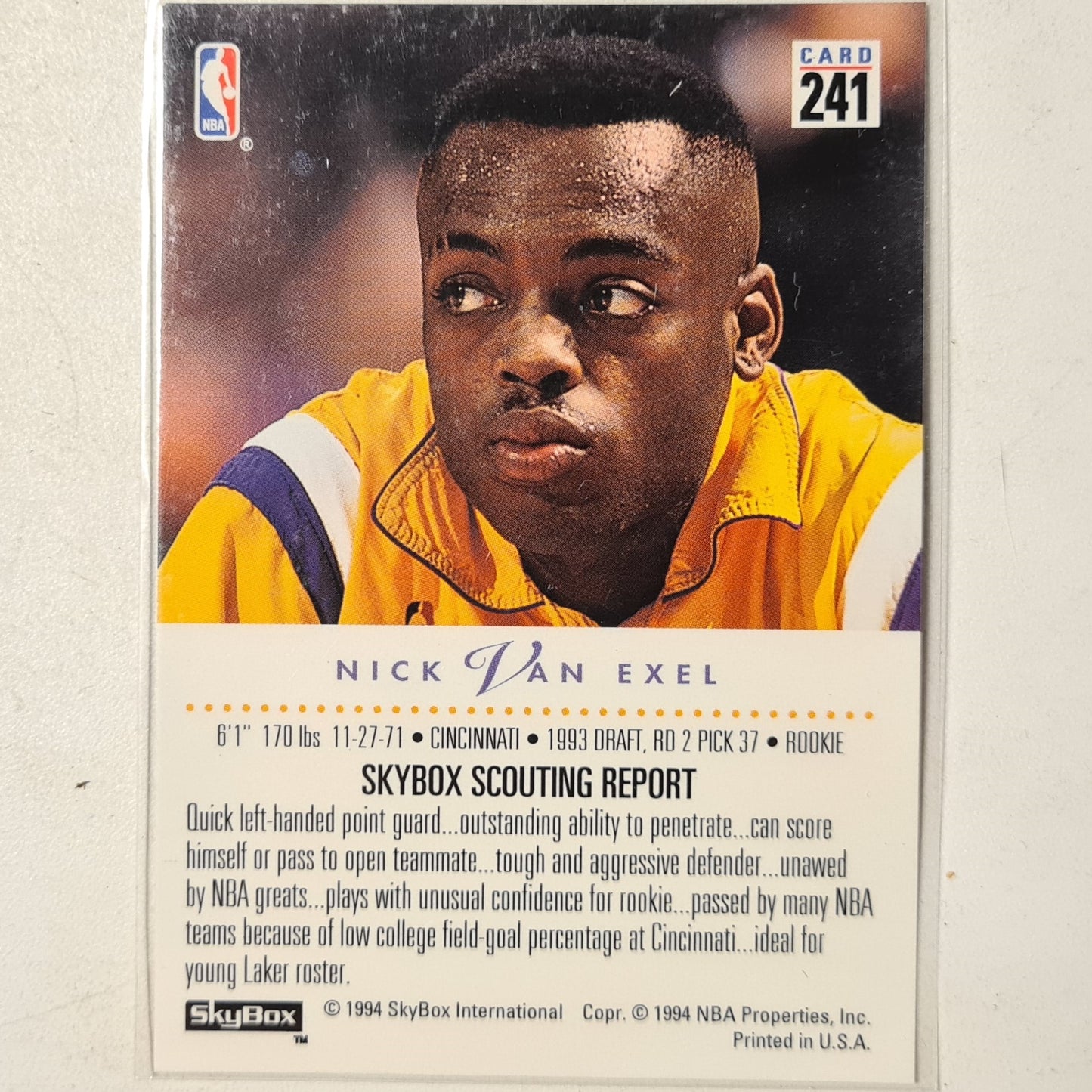 Nick Van Exel 1994 Skybox 93-94 Rookie RC #241 NBA Basketball LA Lakers excellent + Sleeved