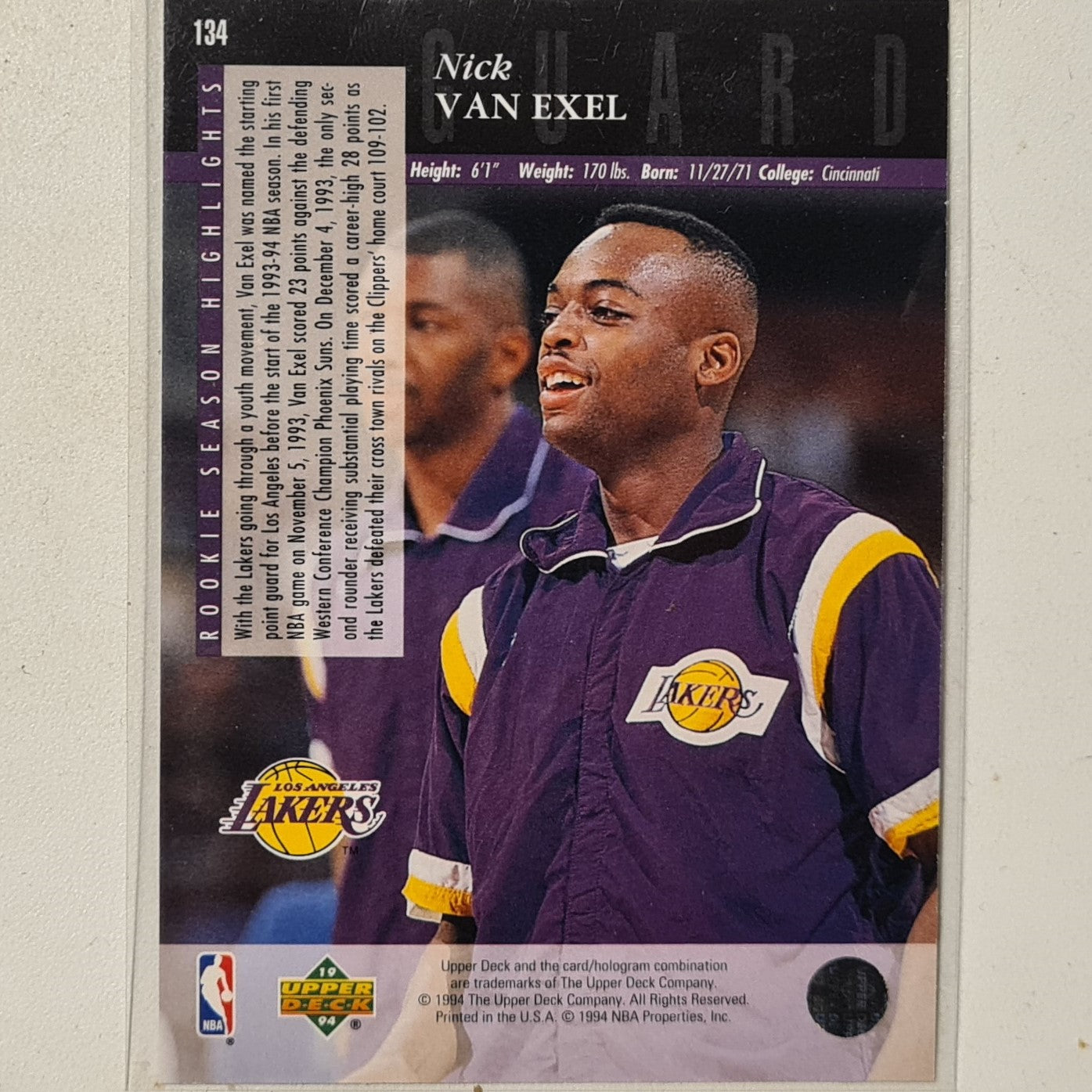 Nick Van Exel 1994 Upper-Deck Rookie RC Season #134 NBA Basketball LA Lakers excellent + Sleeved