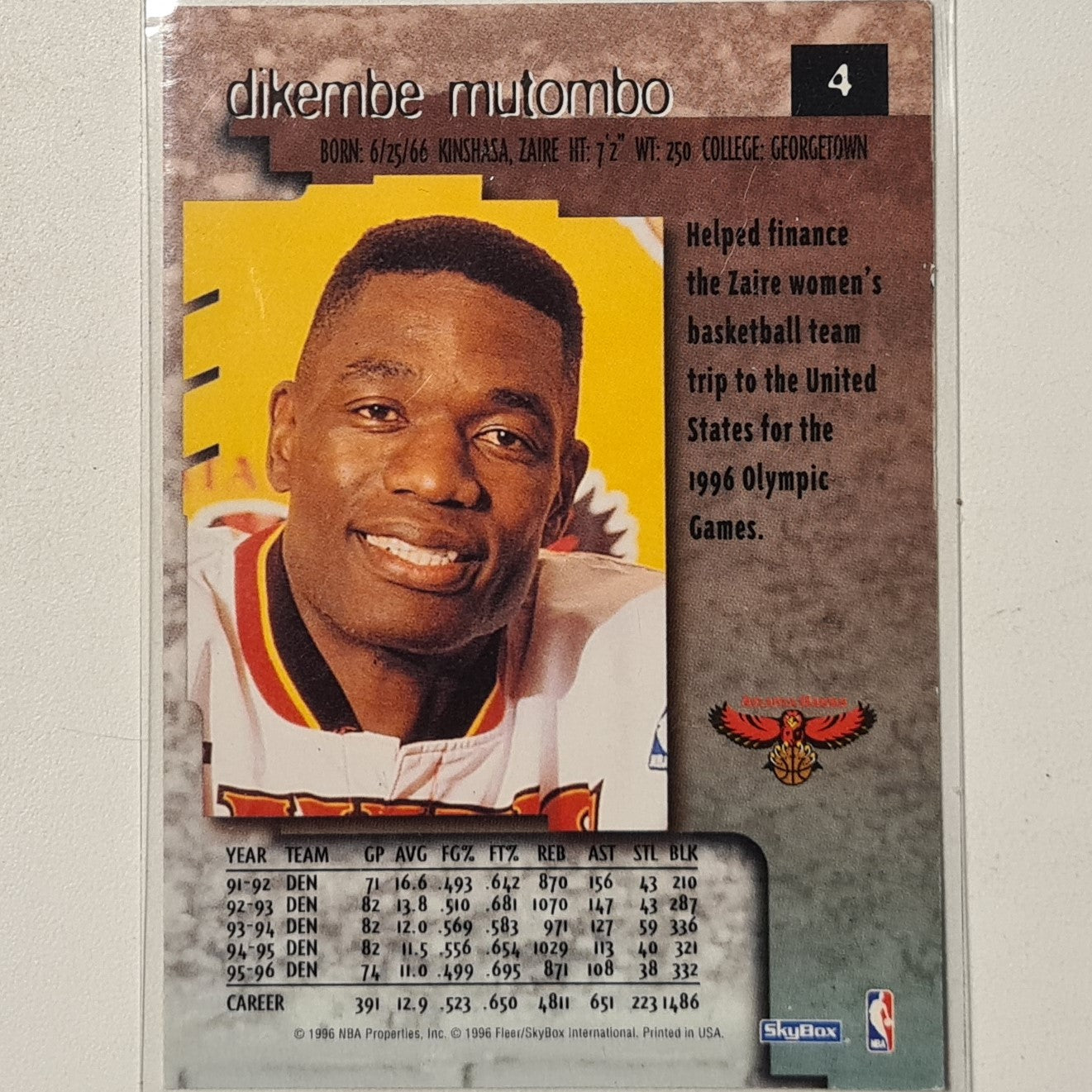 Dikembe Mutombo 1996 Skybox Premium #4 NBA Basketball Atlanta Hawks good sleeved