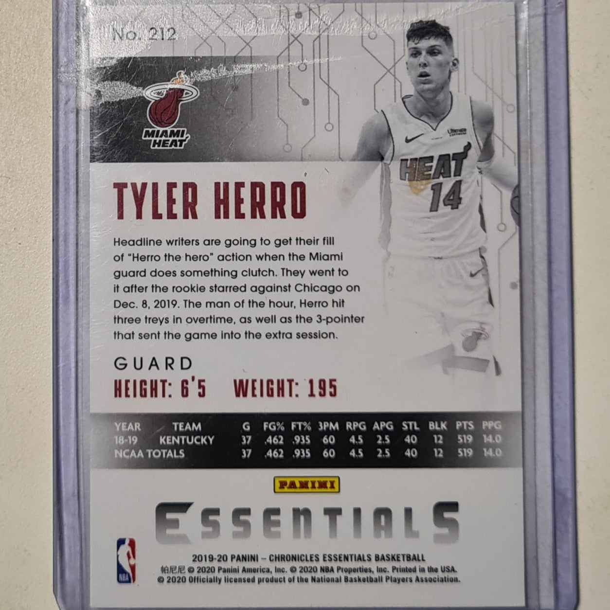 Tyler Herro 2019-20 Panini Essentials Rookie RC #212 NBA Basketball Miami Heat excellent Mint sleeved