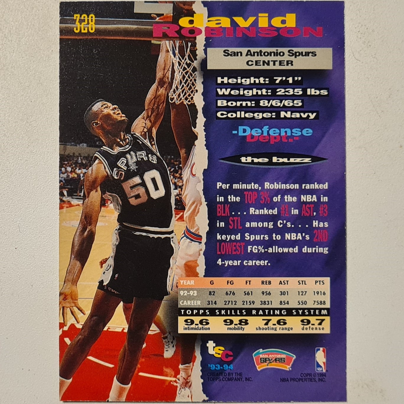 David Robinson 1994 Topps Stadium Club #328 NBA Basketball San Antonio Spurs Very good-excellent