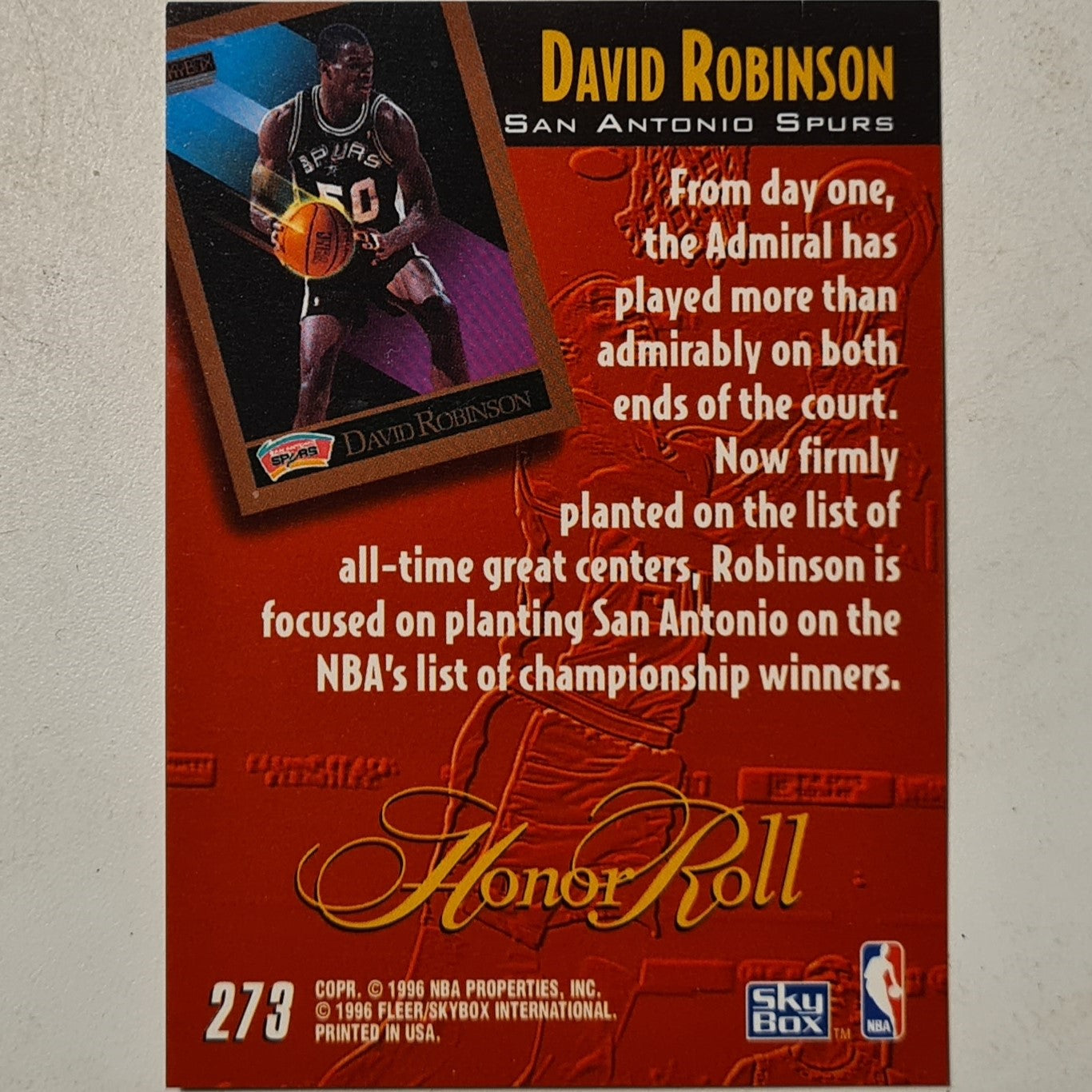 David Robinson 1996 Skybox Honor Roll #273 NBA Basketball San Antonio Spurs excellent