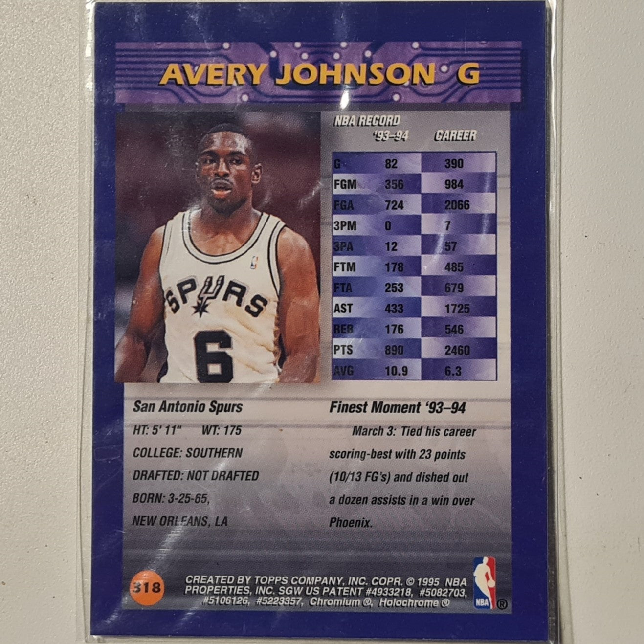 Avery Johnson 1995 Topps Finest #318 NBA Basketball San Antonio Spurs Excellent