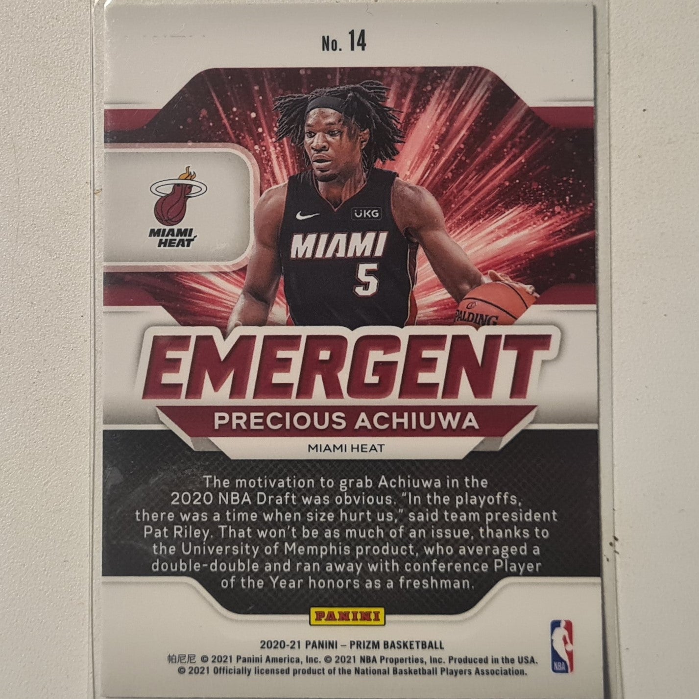 Precious Achiuwa 2020-21 Panini Prizm Emergent Rookie RC #14 NBA Basketball Miami Heat EX-MINT sleeved