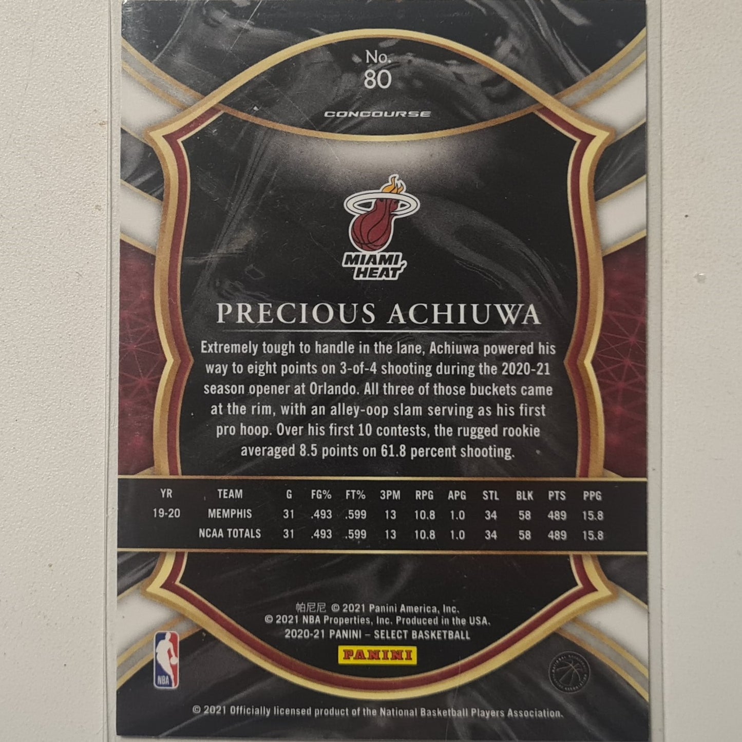 Precious Achiuwa 2020-21 Panini Select blue concourse Rookie RC #80 NBA Basketball Miami Heat Excellent sleeved