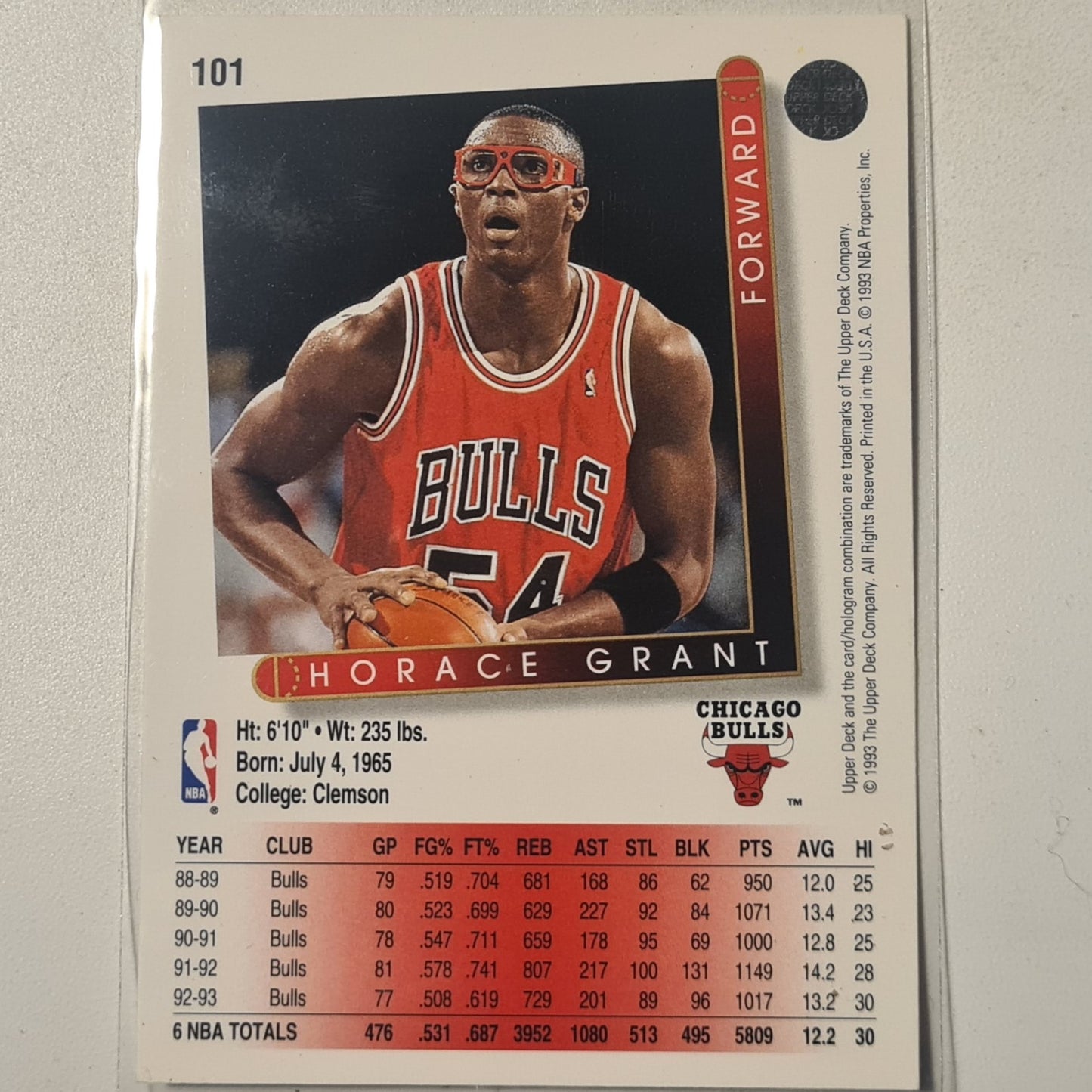 Horace Grant 1993 Upper-Deck #101 NBA Basketball Chicago Bulls Excellent sleeved