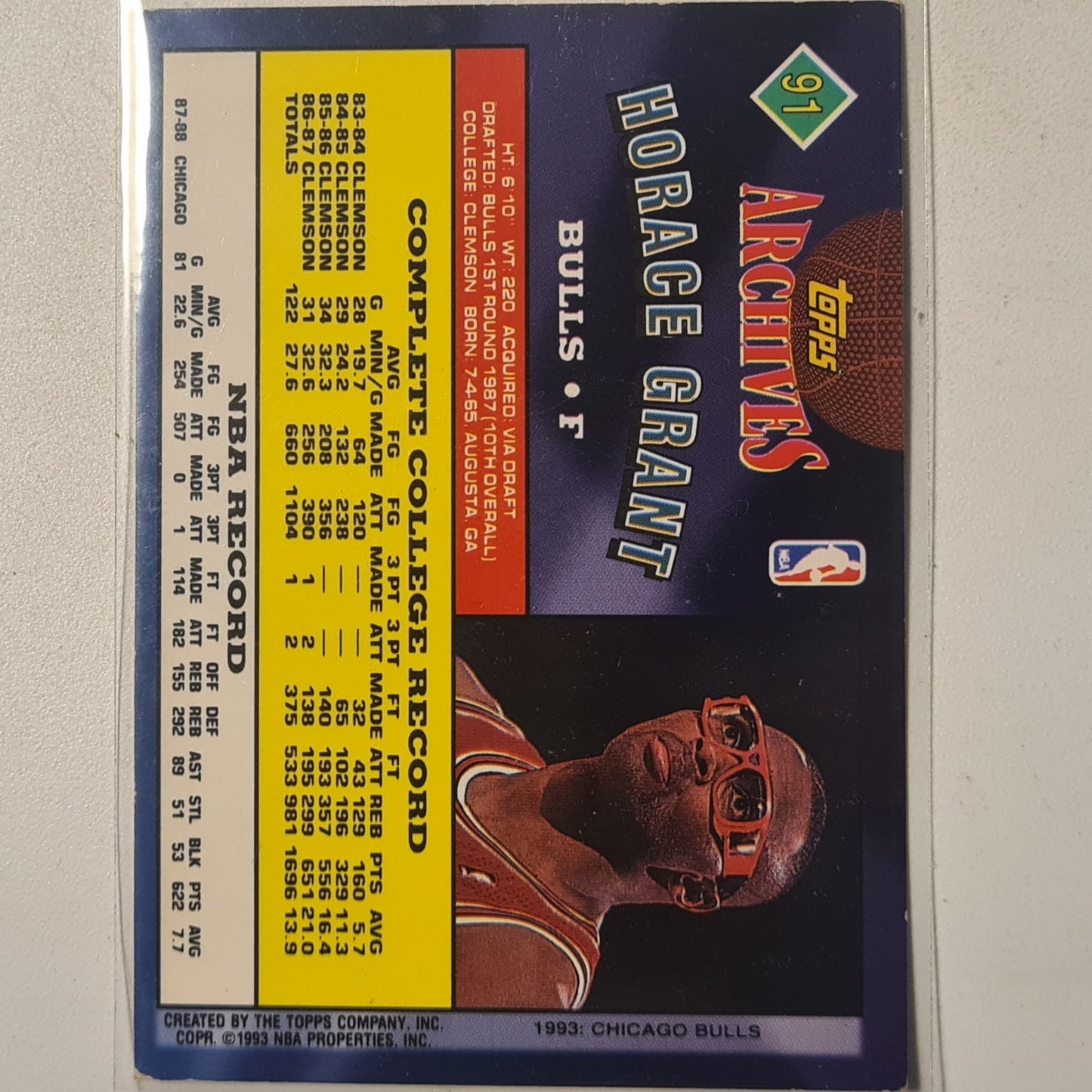 Horace Grant 1993 Topps Archives Rookie flashback #91 NBA Basketball Chicago Bulls fair-good sleeved