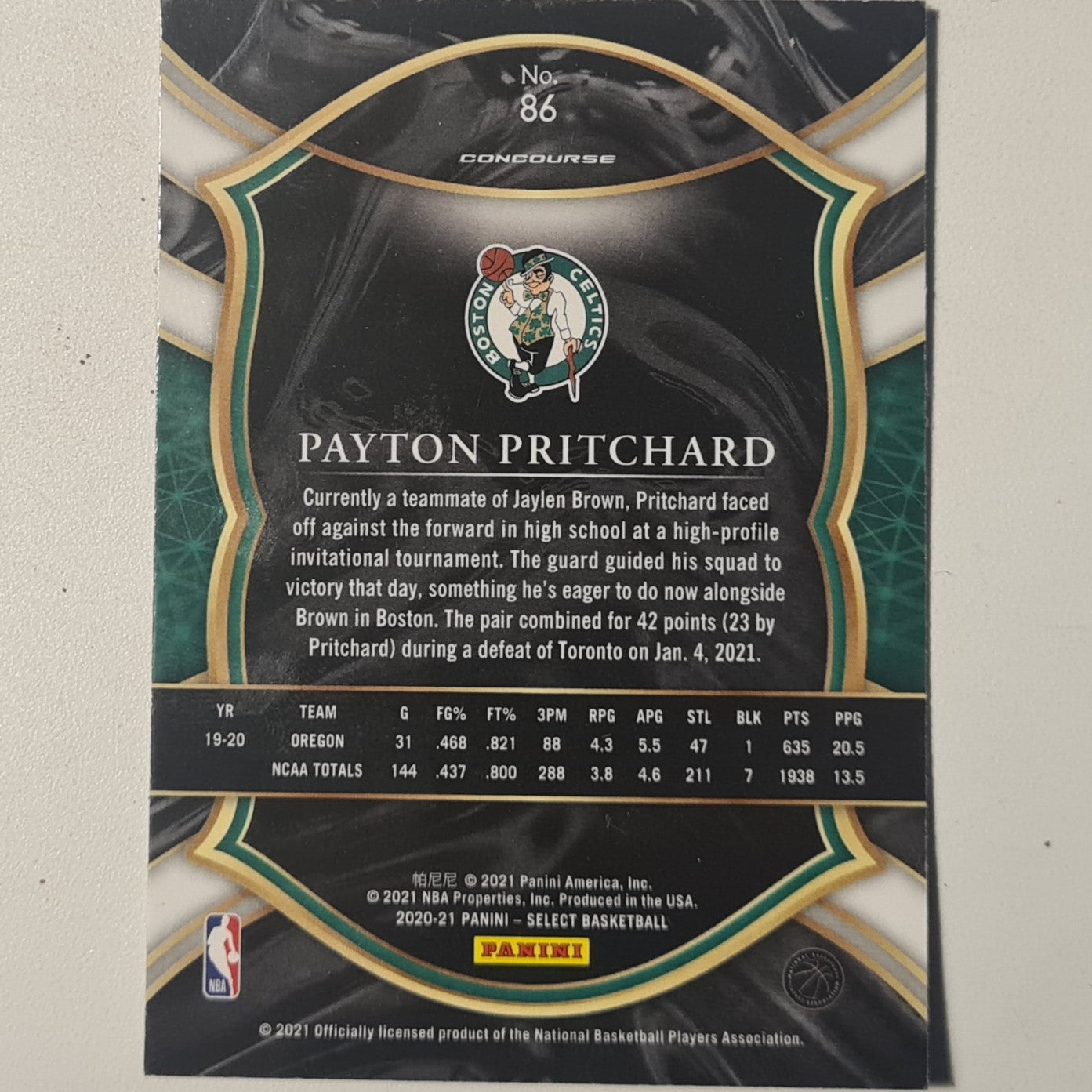 Payton Pritchard 2020-21 Panini Select blue green Rookie RC #86 NBA Basketball Boston Celtics Excellent sleeved