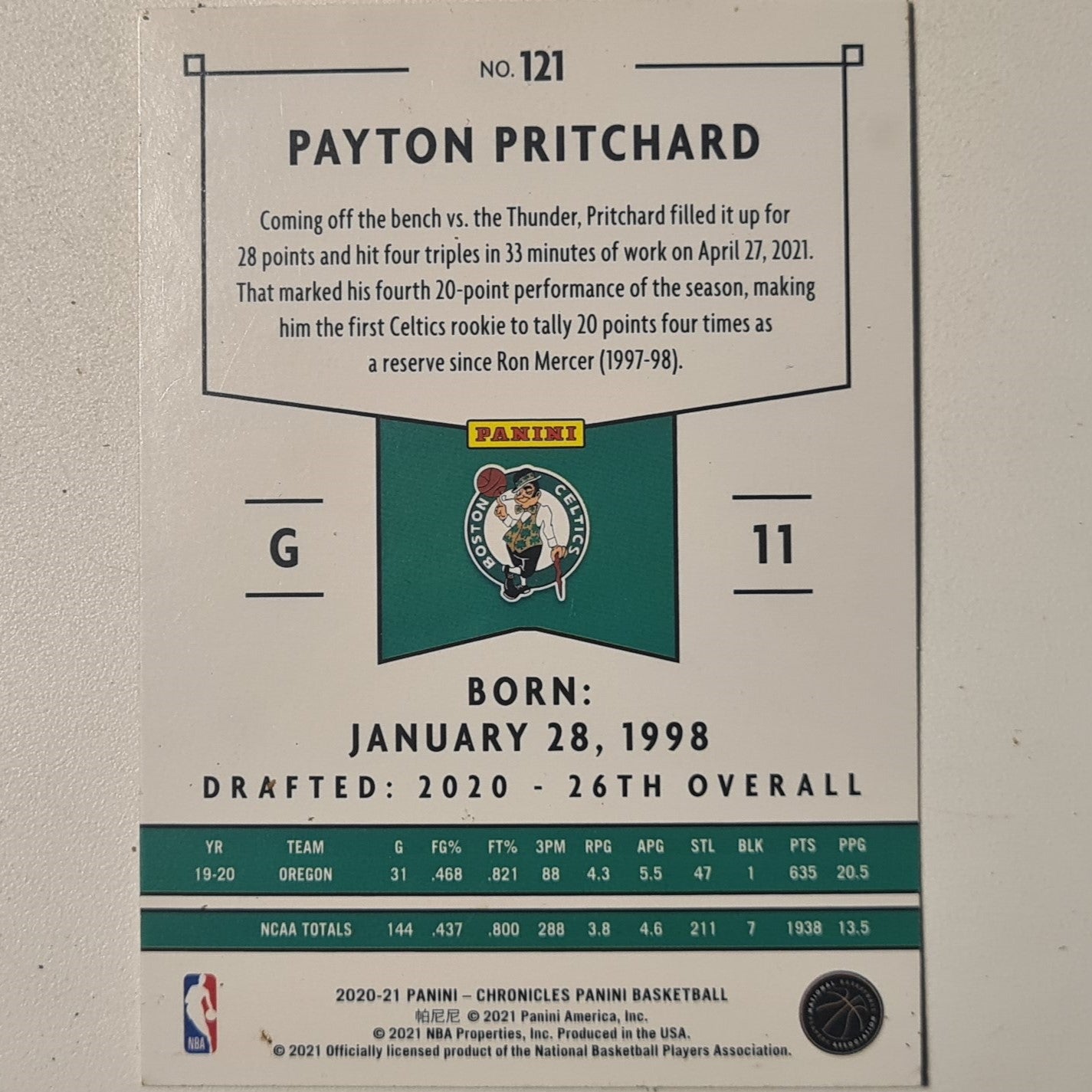 Payton Pritchard 2020-21 Panini Chronicles Rookie RC #86 NBA Basketball Boston Celtics Excellent sleeved