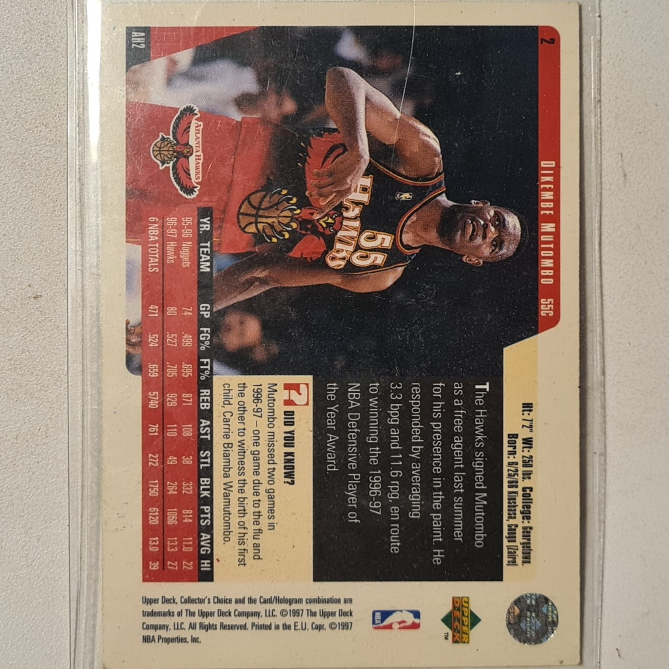 Dikembe Mutombo 1997 Upper-Deck collectors Choice ##2 NBA Basketball Atlanta Hawks good sleeved