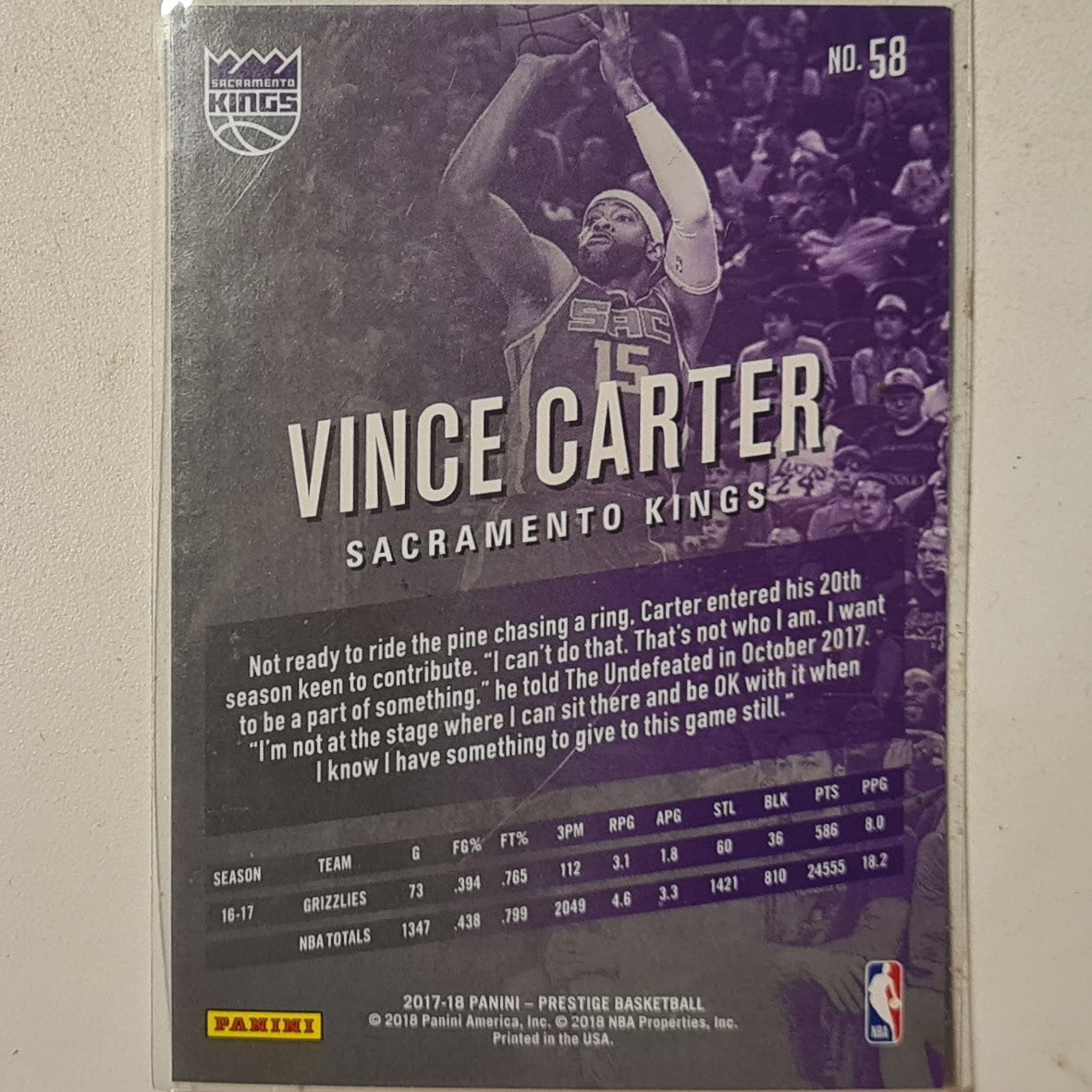 Vince Carter 2017-18 Panini Prestige  #58 NBA Basketball Sacramento Kings excellent sleeved