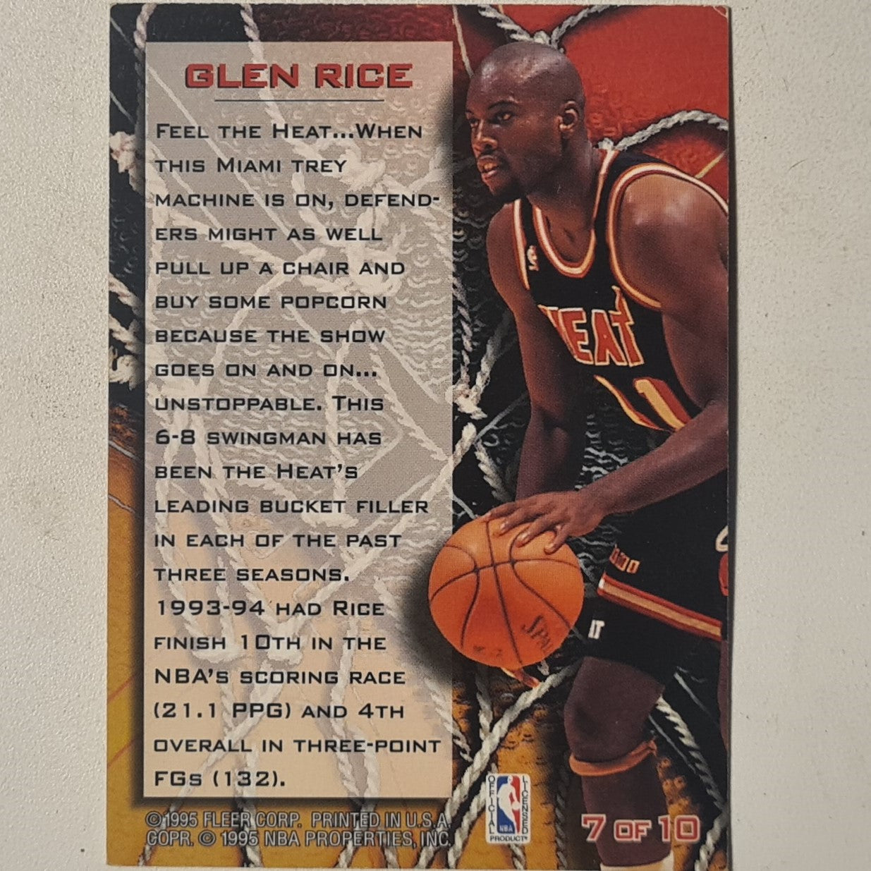 Glen Rice 1995 Fleer 94-95 sharp Shooter insert 7 of 10 NBA Basketball Miami Heat good sleeved