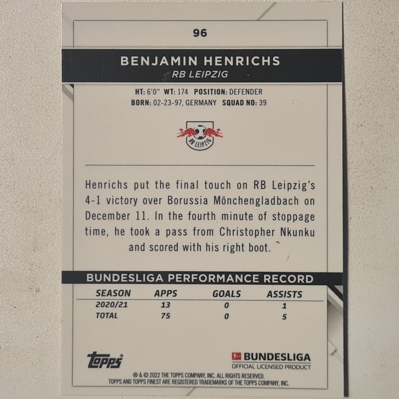 Benjamin Henrichs 2022 Topps Finest Bundesliga #96 Soccer Football RB Leipzig Excellent sleeved