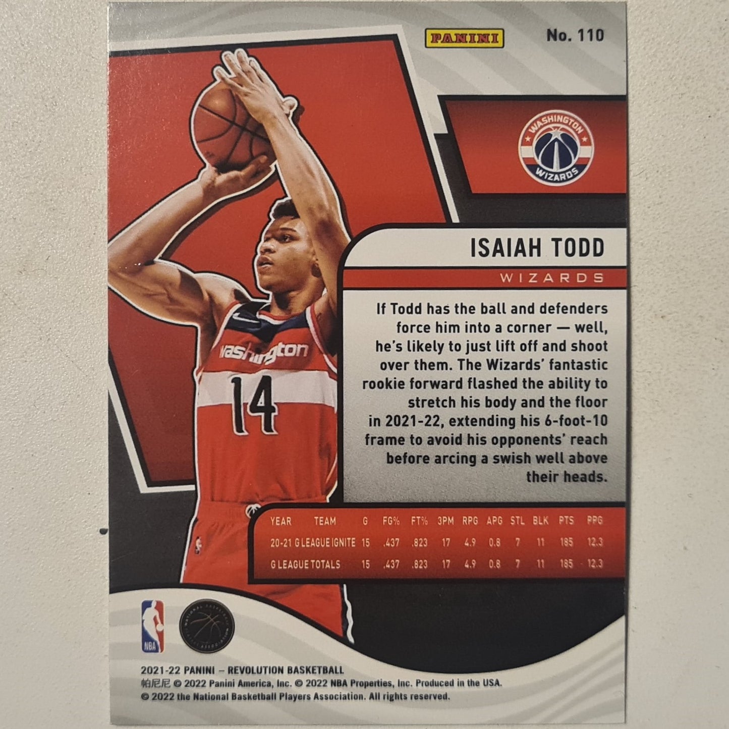 Isaiah Todd 2021-22 Panini Revolution Rookie RC #110 NBA Basketball Washington Wizards Excellent Sleeved