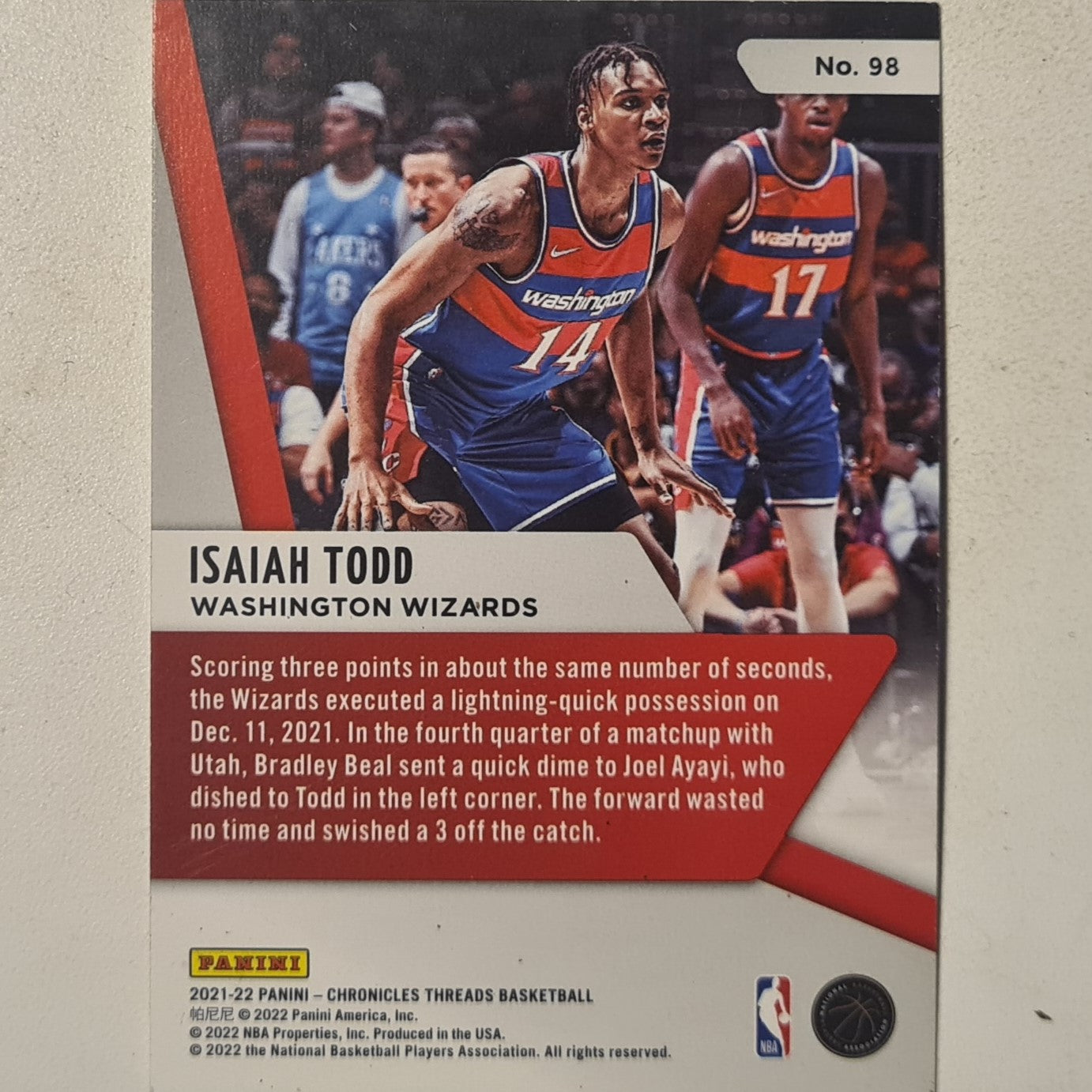 Isaiah Todd 2021-22 Panini Threads Rookie RC #98 NBA Basketball Washington Wizards Excellent Sleeved