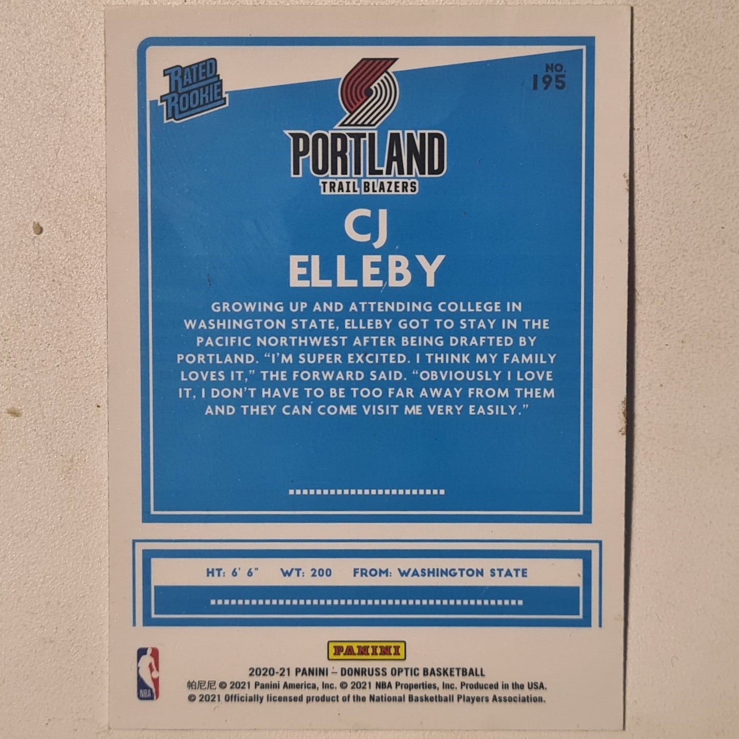 CJ Elleby 2020-21 Panini Donruss Rated Rookie RC #195 NBA Basketball Portland Trail Blazers Excellent sleeved