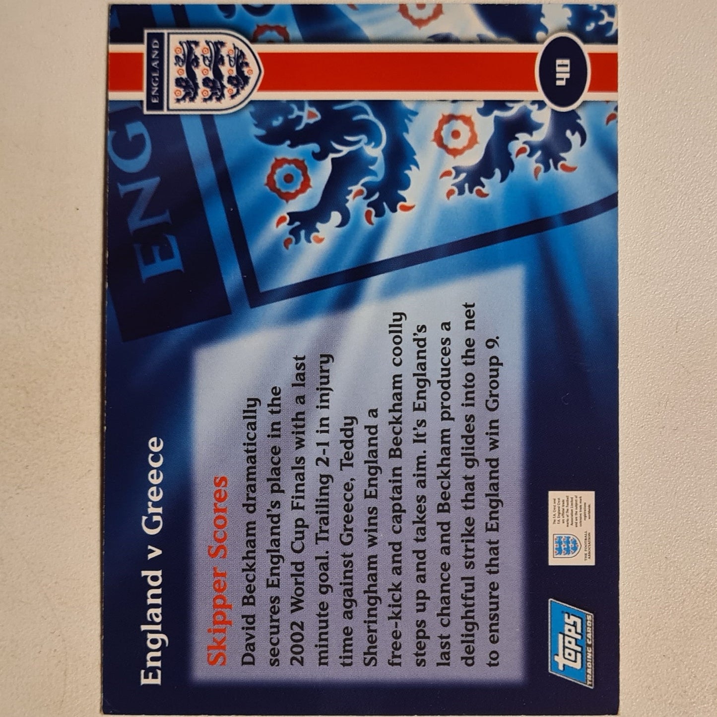 David Beckham Greece free kick 2002 Topps England national team Foil insert #40 Soccer Football England good sleeved