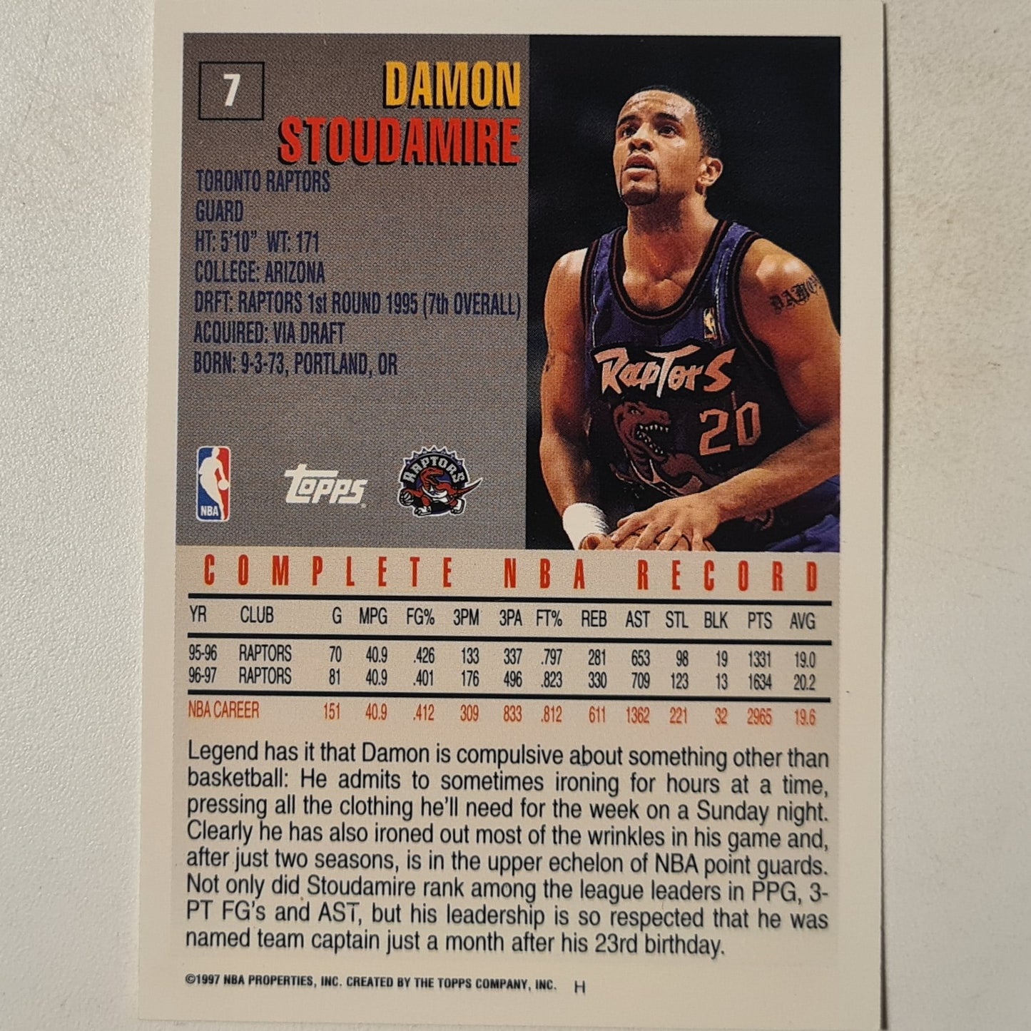 Damon Stoudamire 1997 Skybox NBA Basketball #7 NBA Basketball Toronto Raptors Excellent sleeved