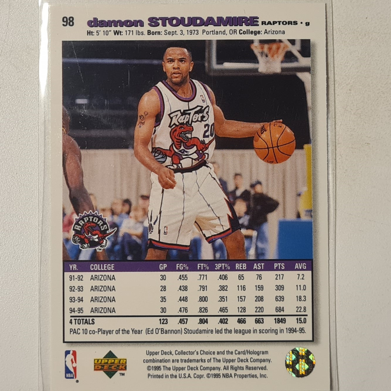 Damon Stoudamire 1995 Skybox NBA Basketball Rookie RC #98 NBA Basketball Toronto Raptors Excellent sleeved