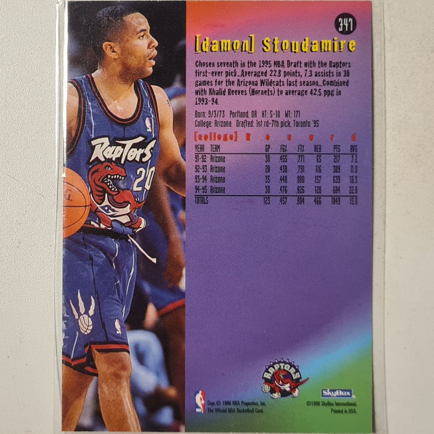 Damon Stoudamire 1996 Skybox NBA Hoops Rookie RC #347 NBA Basketball Toronto Raptors Excellent sleeved