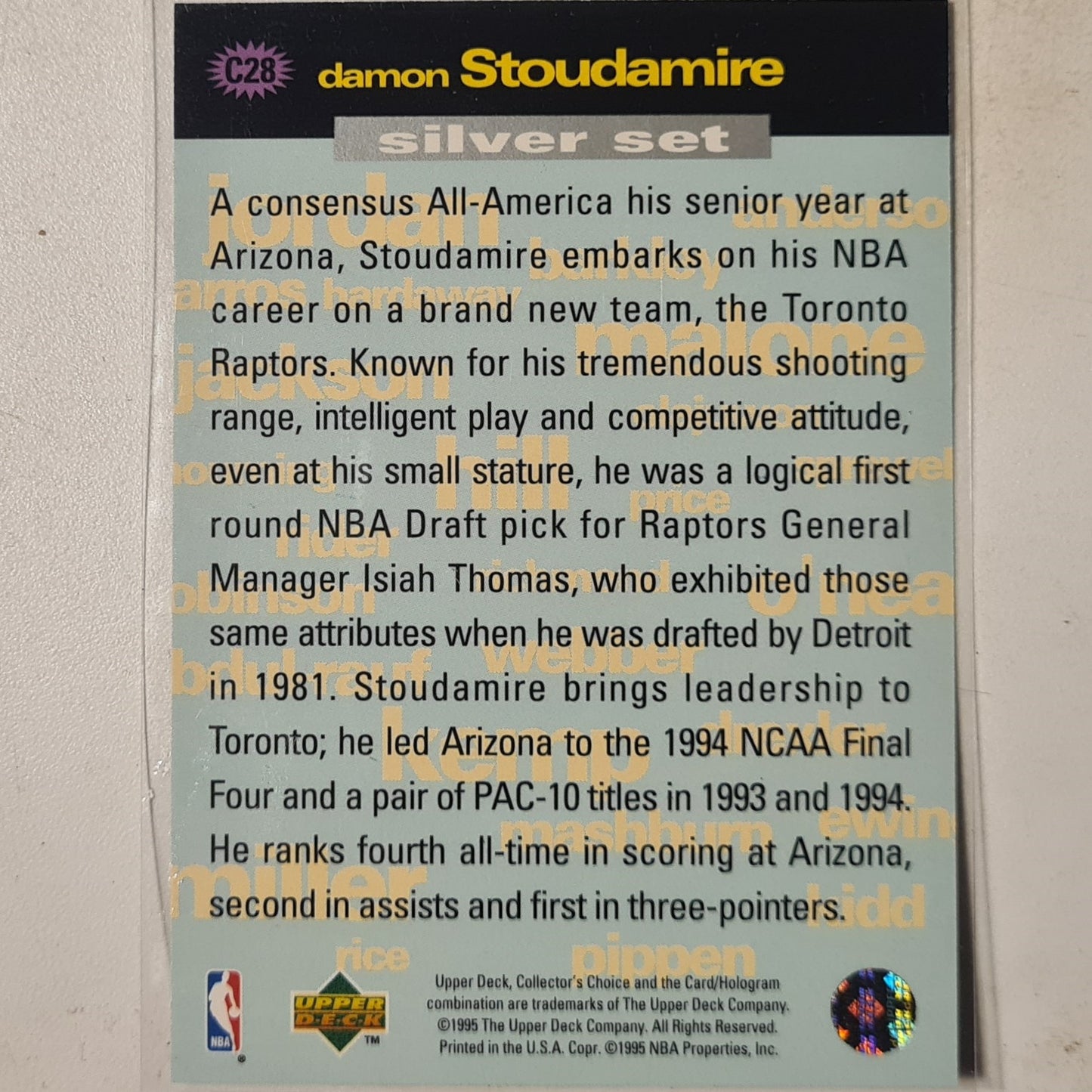 Damon Stoudamire 1996 Upper-Deck Crash the game silver set #C28 NBA Basketball Toronto Raptors Excellent sleeved