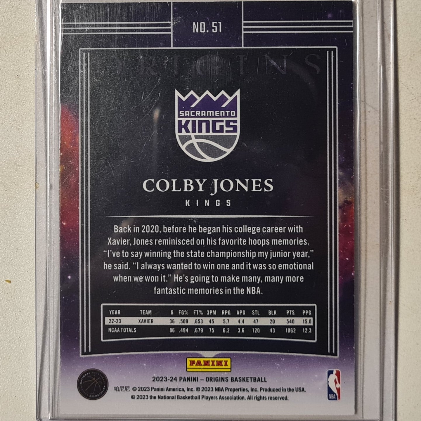 Colby Jones 2023-24 Panini Origins Rookie RC #51 NBA Basketball Sacramento Kings Excellent sleeved