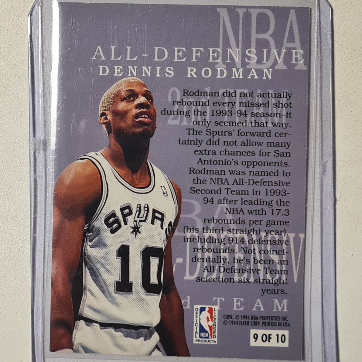 Dennis Rodman 1994 Fleer 94-95 all defensive 2nd team 9 of 10 NBA Basketball San Antonio Spurs Excellent sleeved