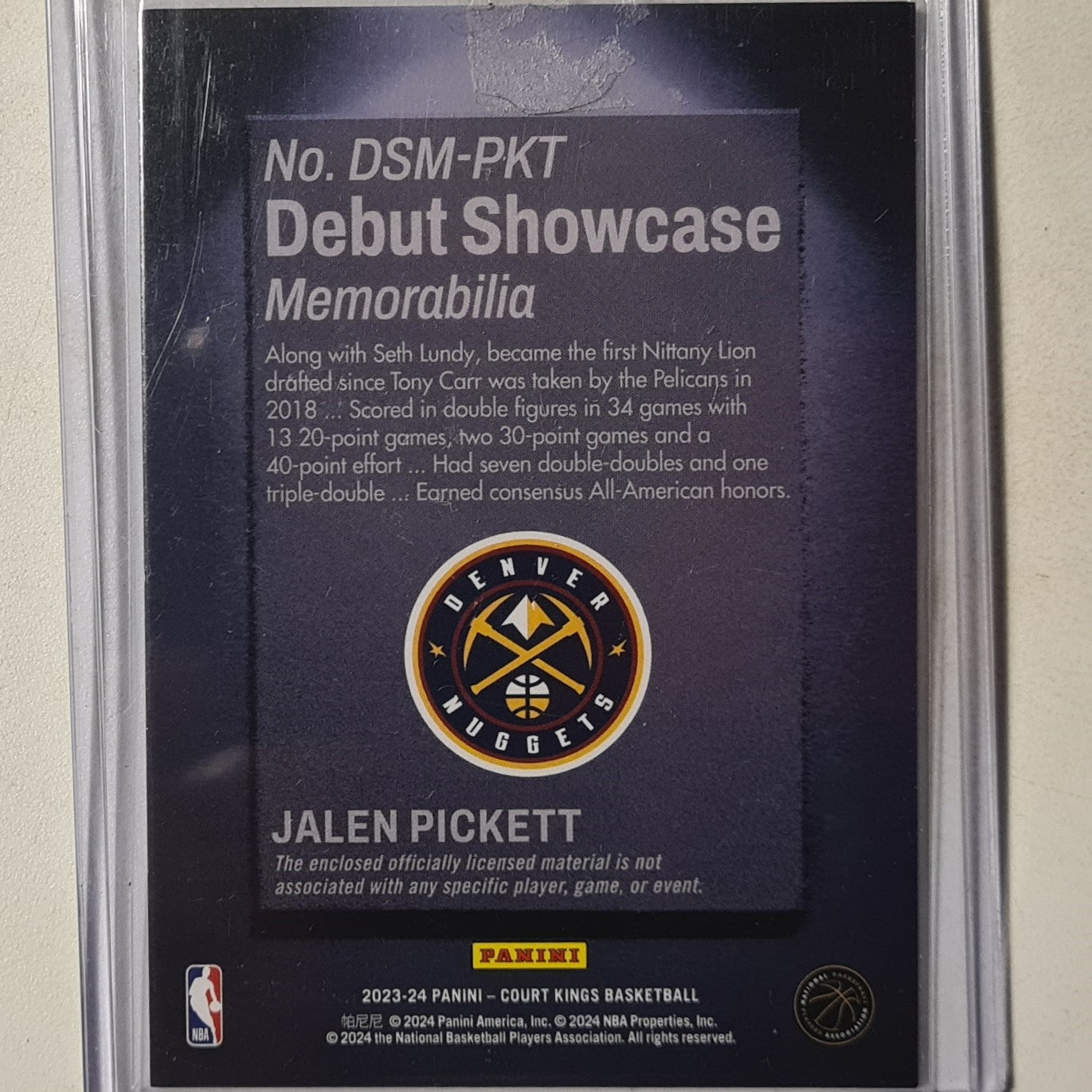 Jalen Pickett 2023-24 Panini Court Kings debut showcase memorabilia patch Rookie RC DSM-PKT NBA Basketball Denver Nuggets excellent