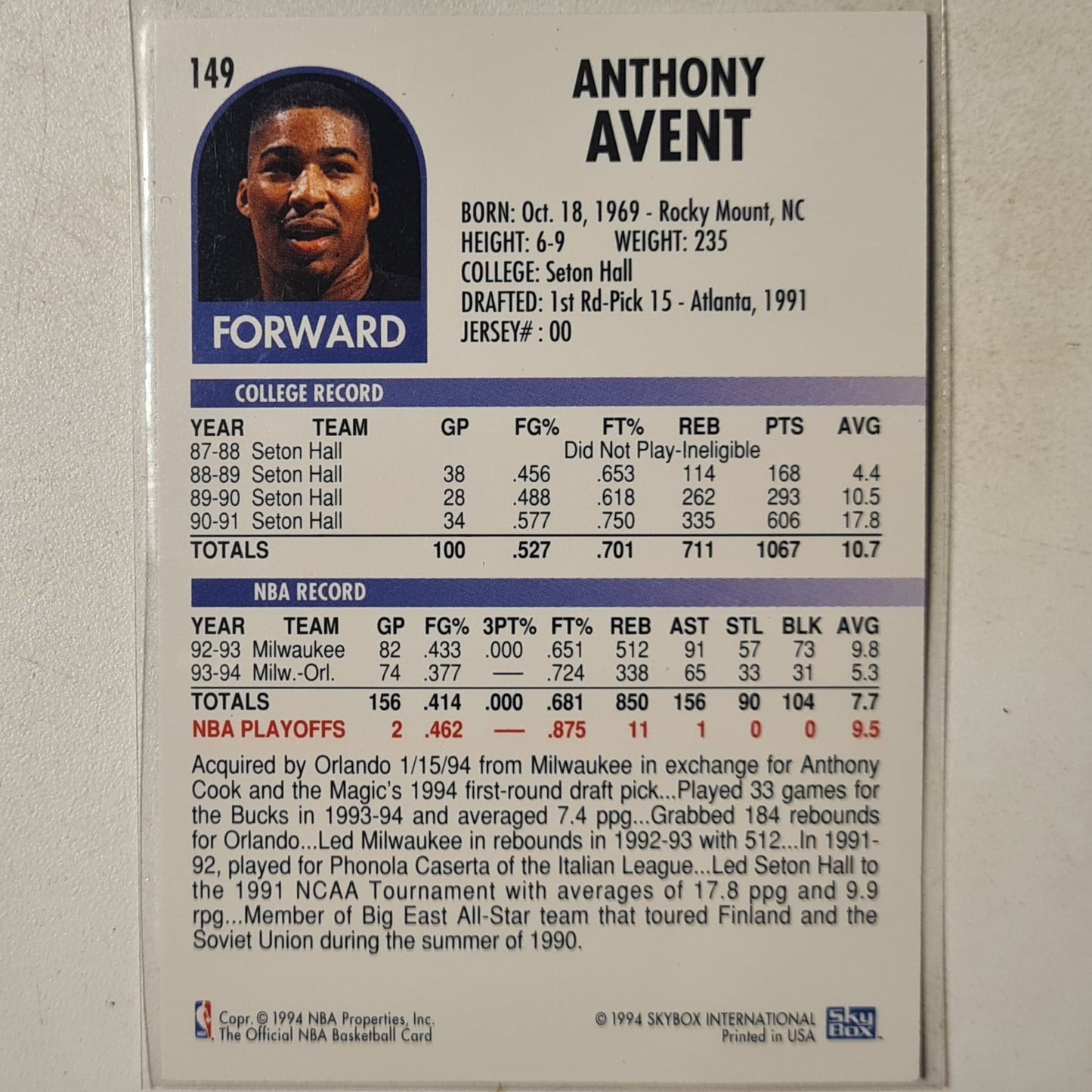 Anthony Avent 1994 Skybox NBA Hoops #149 NBA Basketball Orlando Magic Excellent Sleeved