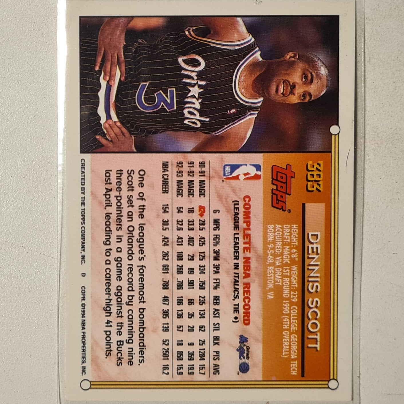 Dennis Scott 1994 Topps #383 NBA Basketball Orlando Magic Excellent Sleeved