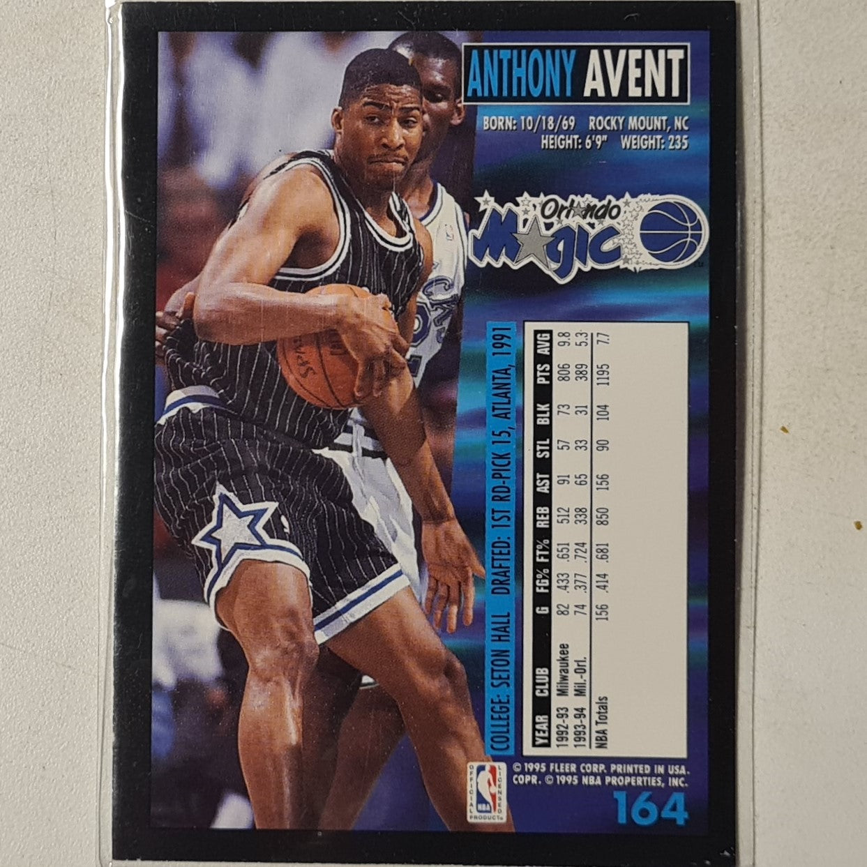 Anthony Avent 1995 Fleer 94-95  #164 NBA Basketball Orlando Magic Excellent Sleeved