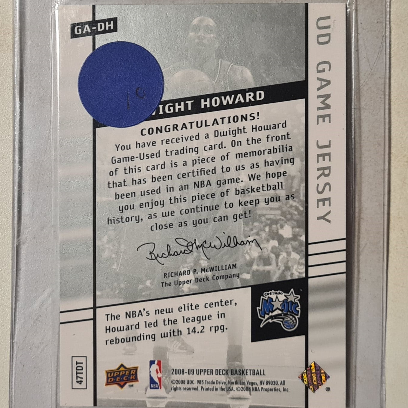 Dwight Howard 2008-09 Panini Upper-Deck UD Game jersey patch GA-DH NBA Basketball Orlando Magic excellent