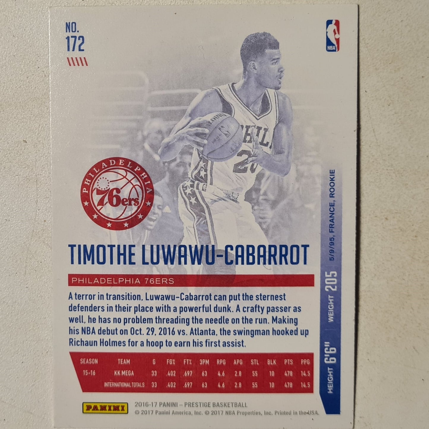 Timothe Luwawu-Cabarrot 2016-17 Panini Prestige Rookie RC #172 NBA Basketball Philadelphia 76ers Excellent sleeved