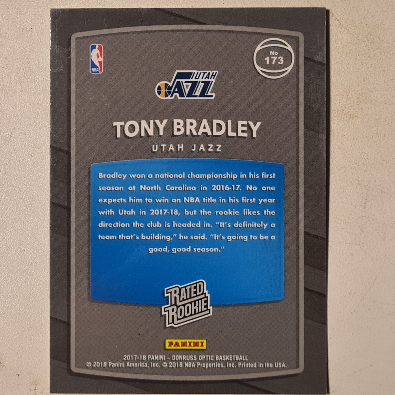 Tony Bradley 2017-18 Panini Donruss Optic rated rookie #173 NBA Basketball Utah Jazz Excellent Mint sleeved